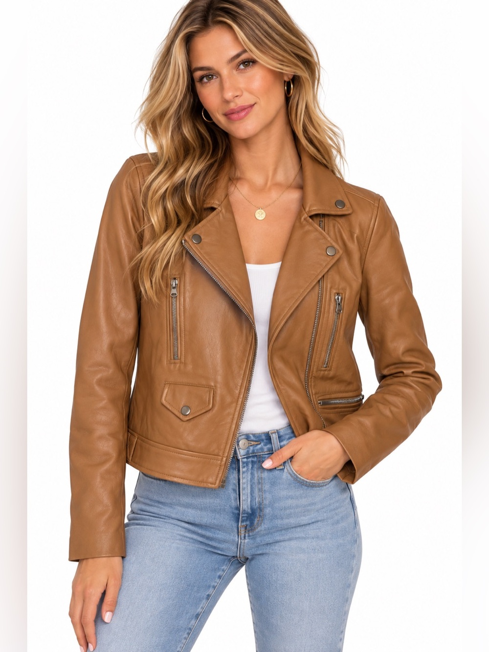 Love Tree Classic Tan Faux Leather Moto Jacket - Women Size Large